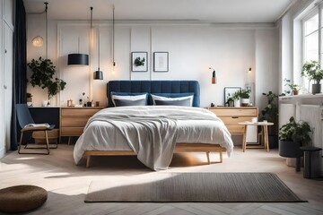 a guest-friendly Scandinavian bedroom with a fold-out sofa bed - obrazy, fototapety, plakaty