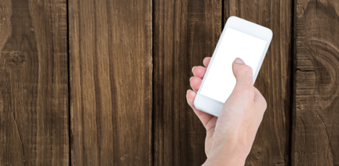 Digital png illustration of hand holding smartphone with copy space on transparent background