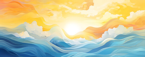 Abstract Ocean Waves Background, Sunset on sea, high tidal waves, duotone, blue and orange - The Abstract Wave Series