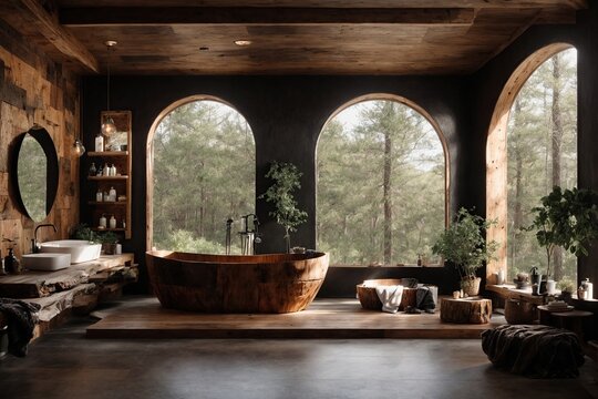  the best of both worlds in a modern bathroom with a rustic twist. The walls are made of rich, dark wood, and the bathtub is a stunning centerpiece, carved from a solid slab of wood.