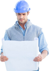 Digital png photo of caucasian male architect holding blueprint on transparent background