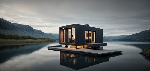 minimalist tiny home made of gray slate, perched on the edge of a lake, with a unique architectural design that blends seamlessly with the natural landscape  - obrazy, fototapety, plakaty