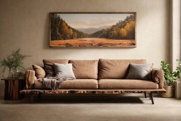 a rustic sofa and live edge coffee table, both made from reclaimed wood, against a neutral beige wall. The large mock up poster frame adds a touch of modernity to the otherwise rustic scene