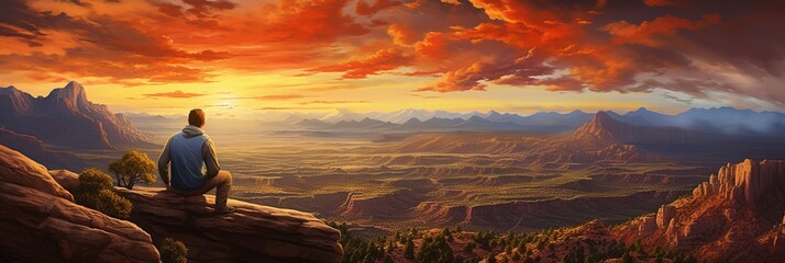 A breathtaking sunset scene at a mountain viewpoint, with warm hues painting the sky and silhouetting the rugged terrain