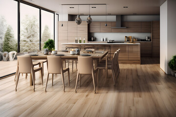 Fototapeta na wymiar interior modern kitchen with wooden table and chairs on wooden floor. modern home furniture interiors, furniture layouts, decor inspiration