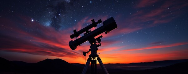 A telescope stands beneath a twilight sky, ready for stargazing and astronomical observations