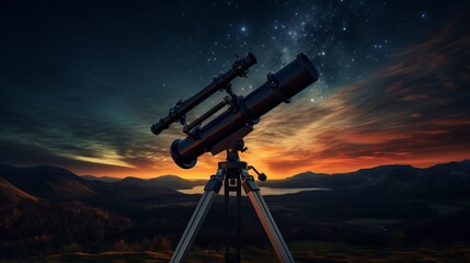 A telescope stands beneath a twilight sky, ready for stargazing and astronomical observations