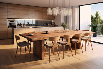 interior modern kitchen with wooden table and chairs on wooden floor. modern home furniture interiors, furniture layouts, decor inspiration