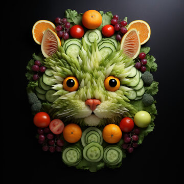 Image of cat face made with vegetables and fruits on clean background. pet. Animals. Illustration, Generative AI.