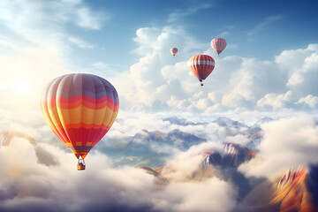 Fototapeta premium Hot air balloon above high mountain at sunset. A colorful hot air balloon festival at sunrise