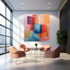 A luxurious and sleek meeting space within an upscale office adorned with beautiful art and sculptures, characterized by minimalist design elements, reflecting the opulent taste of a millionaire
