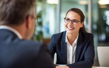 Smiling businessman and woman in a meeting.