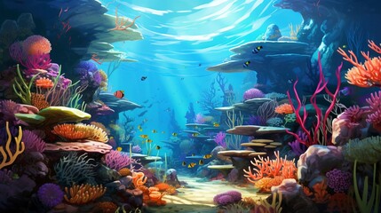Close-up animated illustration of vibrant underwater coral in a coral reef, captured with a fish-eye lens