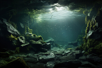 Underwater view of a cave with fish in the water and sunlight. 