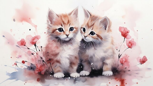 Two kitten with heart shapes on white background, Watercolor post card for Valentine day