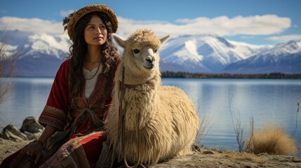 woman with alpaca - obrazy, fototapety, plakaty