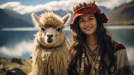 Obraz na płótnie Canvas woman with alpaca