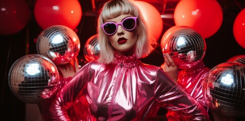 Chic Woman with Disco Balls.
Fashion model among disco balls in red attire.