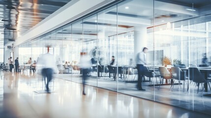 Blurred business people in white glass office background. - obrazy, fototapety, plakaty