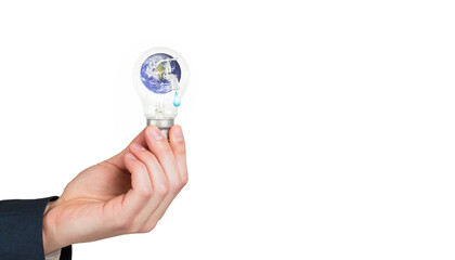 Digital png photo of caucasian man holding globe with tap in lightbulb on transparent background