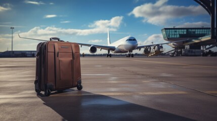 Luggage on the airport terminal with airplane.