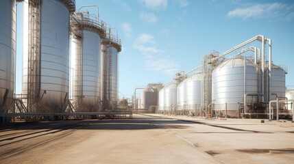 Obraz premium Large storage tanks and silos used for storing raw materials.