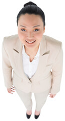 Digital png photo of smiling asian businesswoman looking up on transparent background