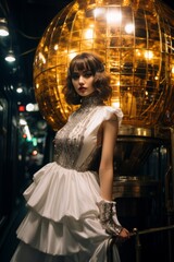Futuristic Fashion and Disco Glamour.
Woman in futuristic attire posing with a disco ball.