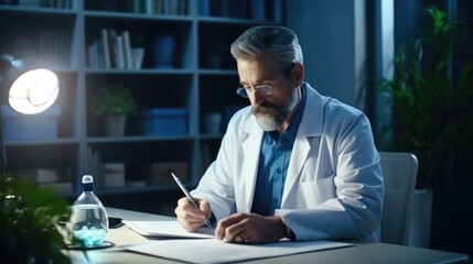 The doctor is a man and takes notes on a tablet in his office and writes a prescription to his patient. Medical background.