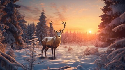 A big deer stands on a cold winter night in a snowy forest. at sunset