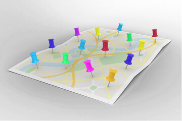 Digital png illustration of coloured map pins in map on transparent background
