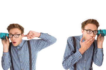 Digital png photo of curious caucasian man listening to glass against wall on transparent background
