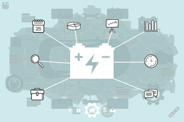 Fototapeta na wymiar Digital png illustration of battery with network of connections and icons on transparent background