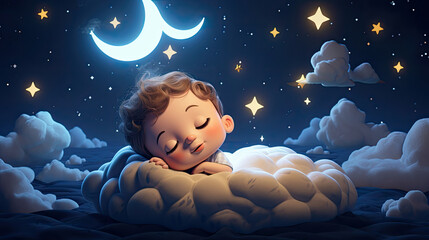 lullaby background with stars and moon cartoon baby boy sleeping with eyes closed in half moon clouds created with Generative AI Technology - obrazy, fototapety, plakaty
