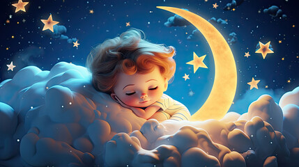 Obraz na płótnie Canvas lullaby background with stars and moon cartoon baby boy sleeping with eyes closed in half moon clouds created with Generative AI Technology