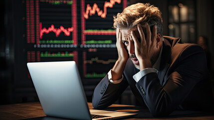 Man with business suit and laptop looks worried and feels anxious headache looking at falling prices diagram in stock market created with Generative AI Technology - obrazy, fototapety, plakaty