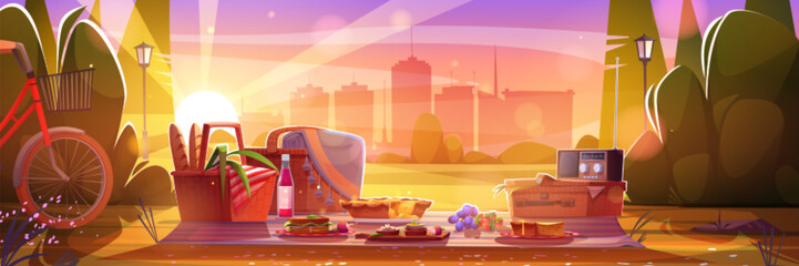 Retro picnic in city park at sunset. Vector cartoon illustration of appetizing dinner served on lawn, vintage radio and bicycle, sandwiches and drinks on blanket, romantic date on urban background