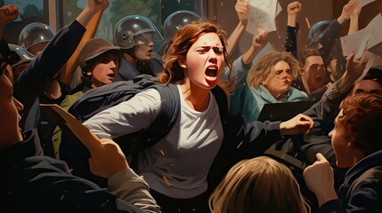 Fototapeta premium Defiant high school teens clash in a heated protest, demanding human rights, inclusion, and diversity, with tensions escalating and hinting at the raw energy. Generative AI.