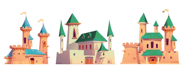 Obraz premium Cartoon set of medieval castles isolated on white background. Vector illustration of old royal palaces with green and blue roofs, towers with flags on top, gothic windows and gates, fairytale fortress