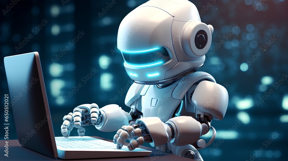 Poster a futuristic robot mascot, designed with sleek metallic features, is diligently typing text on a mod