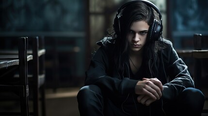 A despondent teenager dressed in black listens to black metal music in a classroom, symbolizing isolation and internal struggles, enhanced by Generative AI.