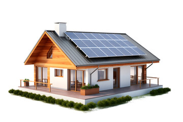 Eco house with sun solar panels energy on a roof, isolated on white and transparent background, ai generate