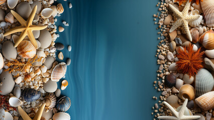 Obraz na płótnie Canvas Sea sandy beach background with seashells and starfish.