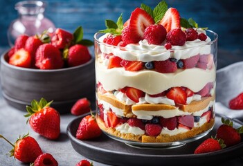  heavenly fruit trifle with layers of sponge cake, whipped cream, strawberry, and raspberry