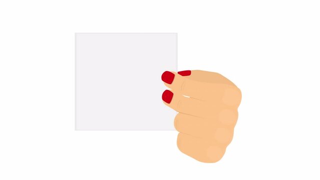 Hand holds a blank sheet of paper. Reminder template animation, alpha channel enabled. Cartoon