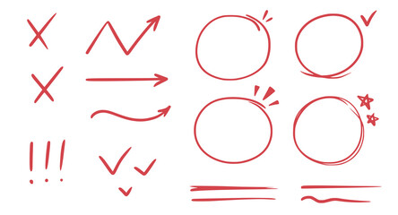 Red line check mark, underline, circle. Hand drawn doodle sketch red marker stroke emphases, highlight, check mark elements. Study focus, important underline, circle sketch. Vector illustration.