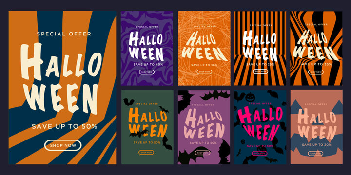 Halloween Sale Cover for Party, Festival, Email, Social Media. Modern Pattern with Calligraphy, Pumpkins, Bats, Optical Stripes for Advertising, Web, Poster, Banner, Cover. Vector illustration.