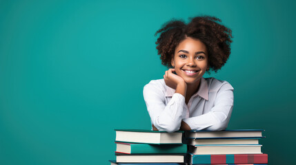 Cheerful African American Schoolgirl Dreaming Sitting At Book Stack Over blue Background In Studio. Copy Space.