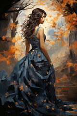 Forever Autumn: A Digital Portrait of a Woman in a Long Blue Dress with Flowing Hair. Generative AI