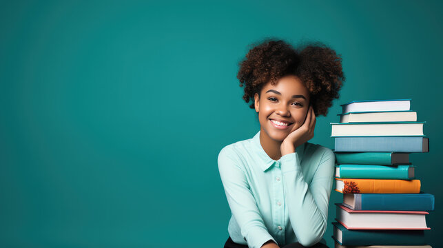 Cheerful African American Schoolgirl Dreaming Sitting At Book Stack Over blue Background In Studio. Copy Space.